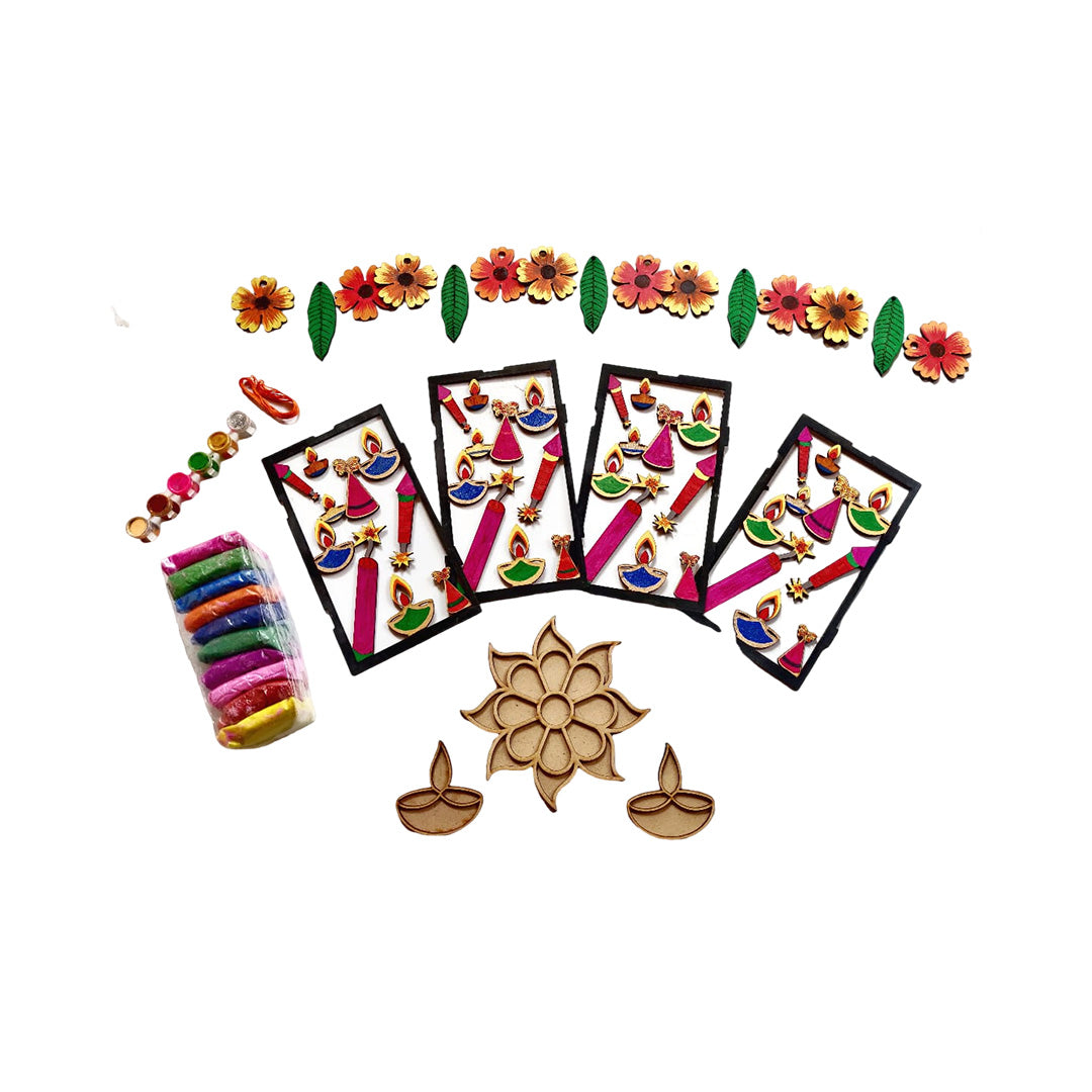 DIY Wooden Diwali Craft Kit - Laser Cut Rangoli, Diyas, and Decorative Ornaments, Liquid colors for Kids Woods for Dudes