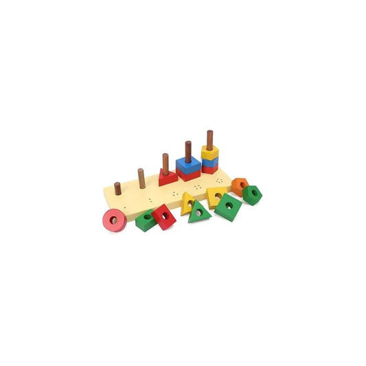 Wooden Geometric Building Stacking, Shape Sorting Column Puzzle Set - Multicolour Woods for Dudes